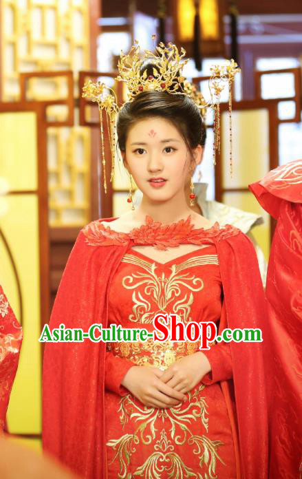 Chinese Ancient Wedding Female Historical Costumes Drama Oh My Emperor Noble Lady Luo Feifei Red Hanfu Dress and Phoenix Coronet