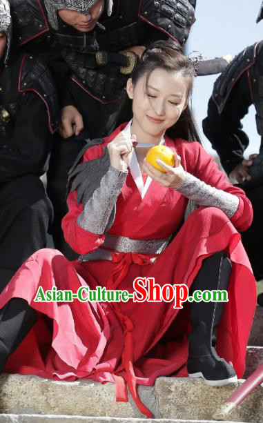 Chinese Ancient Female Knight Historical Costumes Drama Oh My Emperor Swordswoman Chu Shengnan Red Hanfu Dress and Headpieces