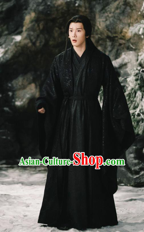 Chinese Ancient Demon Clan Lord Yan Chiwu Drama Sansheng Sanshi Pillow Eternal Love of Dream Black Costumes and Headdress for Men