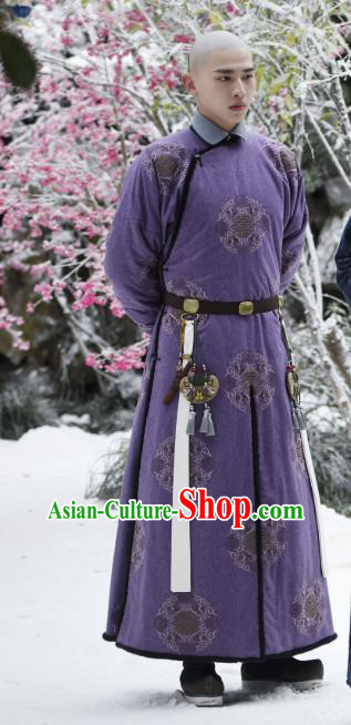 Chinese Ancient Manchu Fourth Prince Garment Drama Dreaming Back to the Qing Dynasty Aisin Gioro Yinzhen Purple Gown Apparel Costumes