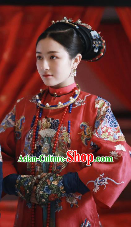 Chinese Ancient Garment Manchu Princess Consort Wedding Qipao Dress and Hair Jewelries Drama Dreaming Back to the Qing Dynasty Ming Wei Red Garment