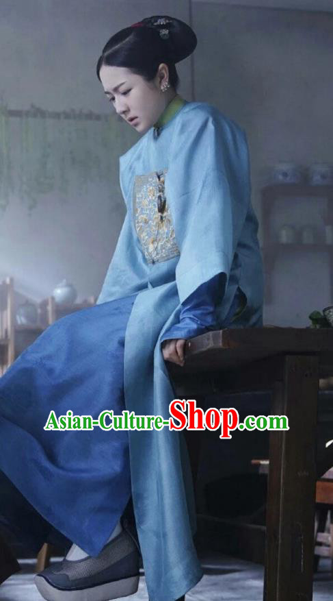 Chinese Ancient Garment Manchu Lady Apparels Blue Qipao Dress and Hair Accessories Drama Dreaming Back to the Qing Dynasty Rani Ming Wei Costumes