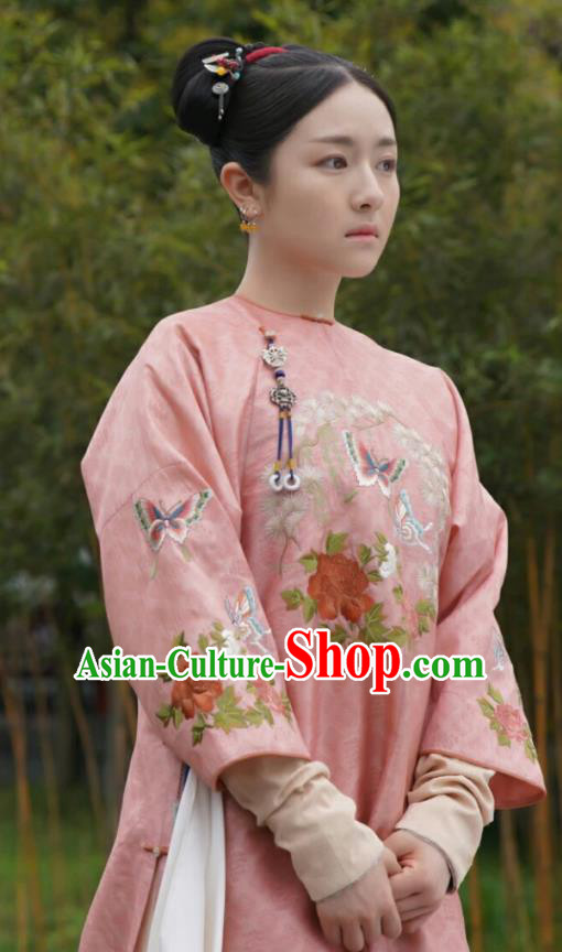 Chinese Ancient Garment Manchu Lady Pink Qipao Dress and Headwear Drama Dreaming Back to the Qing Dynasty Court Maid Ming Wei Apparels Costumes