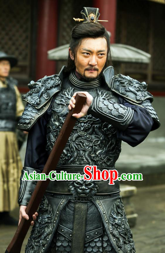Chinese Ancient Ming Dynasty General Armor Apparels Garment Drama The Great Shaolin Gao Jianxiong Clothing and Headwear
