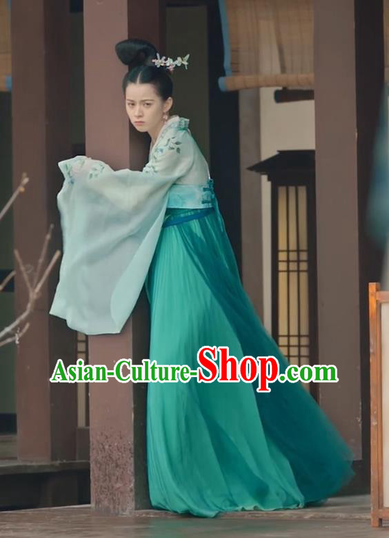 Chinese Ancient Royal Rani Green Hanfu Dress Costumes and Headwear Drama To Get Her Princess Lin Zhengzheng Apparels Garment