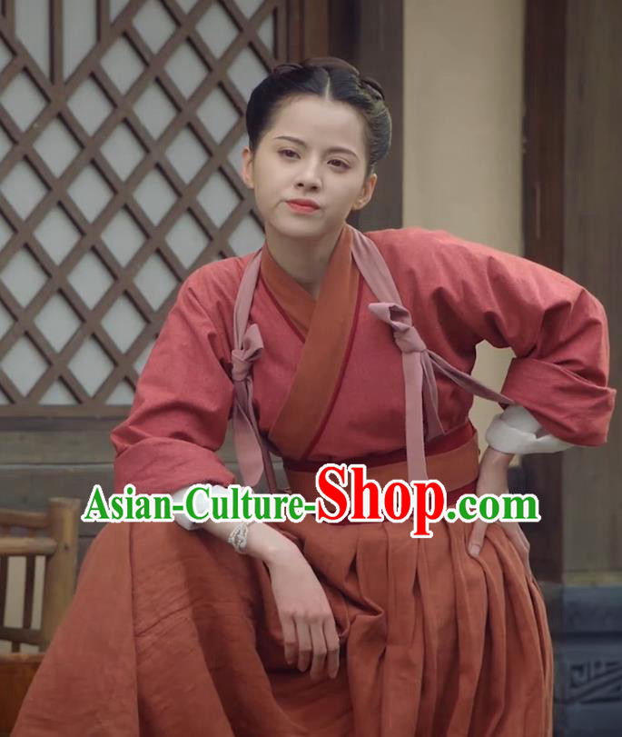 Chinese Ancient Maid Red Apparels Garment Hanfu Dress Drama To Get Her Maidservant Lin Zhengzheng Costumes and Headwear