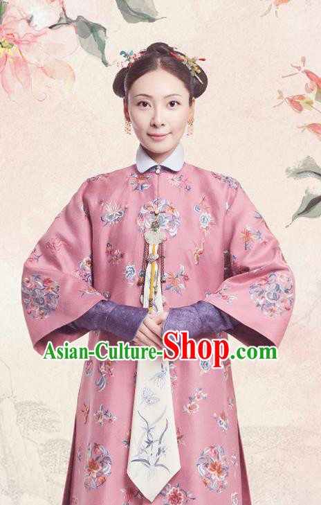 Chinese Ancient Royal Dame Garment Court Manchu Pink Qipao Dress and Headpieces Drama Dreaming Back to the Qing Dynasty Fourth Princess Consort Apparels Costumes