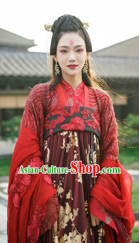 Chinese Ancient Foreign Princess Red Hanfu Dress and Hairpins Drama To Get Her Court Lady Murong Xianyue Apparels Garment Costumes