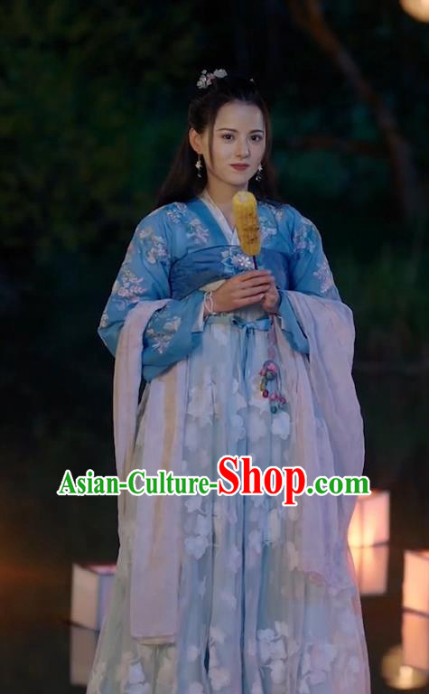 Chinese Ancient Princess Apparels Garment Blue Hanfu Dress Drama To Get Her Rani Lin Zhengzheng Costumes and Headwear