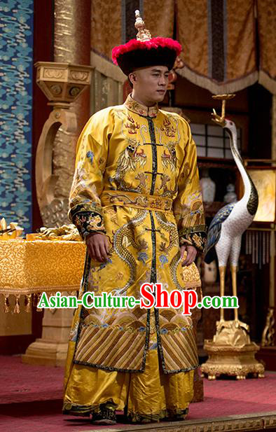 Chinese Ancient Qing Dynasty Emperor Apparels Garment and Hat Wuxia Drama Happy Mitan Shun Zhi Imperial Robe Costumes