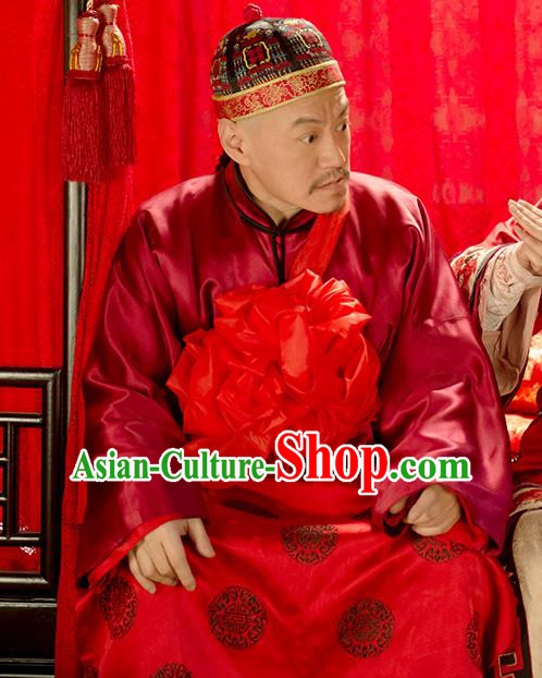 Chinese Ancient Apparels Wedding Garment and Hat Wuxia Drama Happy Mitan Liang Wuchi Costumes