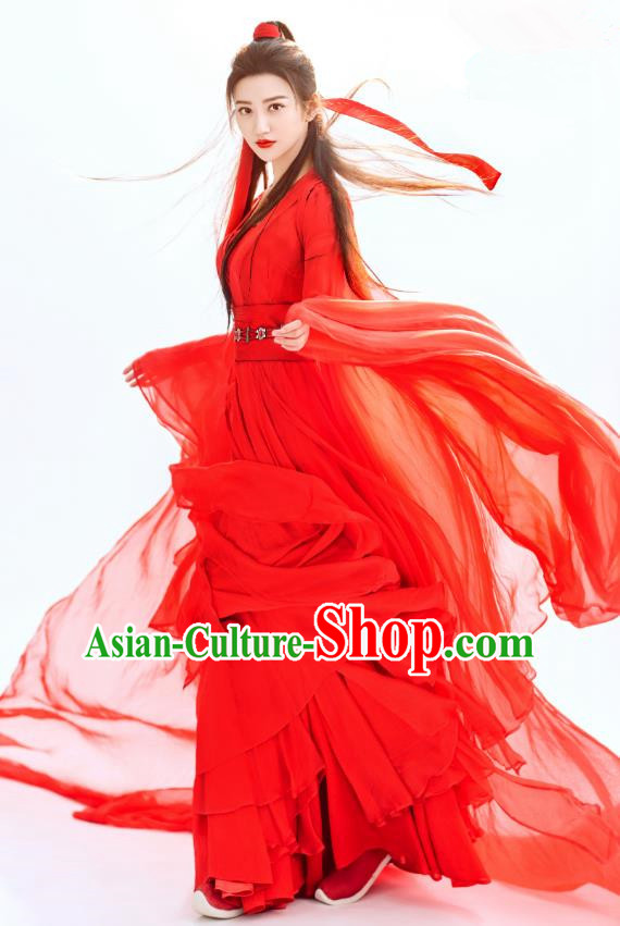 Chinese Ancient Swordswoman Red Garment Wuxia Drama The King of Blaze Apparels Dress and Headwears Qian Mei Costumes