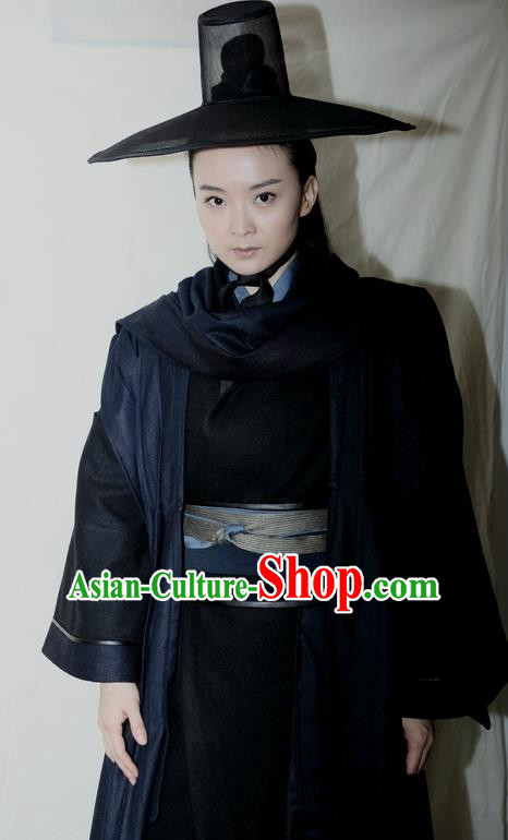 Chinese Ancient Apparels Female Swordsman Black Hanfu Dress and Hat Drama Butterfly Sword Gao Jiping Garment Costumes