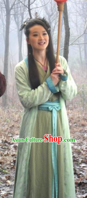 Chinese Ancient Apparels Green Hanfu Dress and Headwear Drama Butterfly Sword Female Swordsman Gao Jiping Garment Costumes