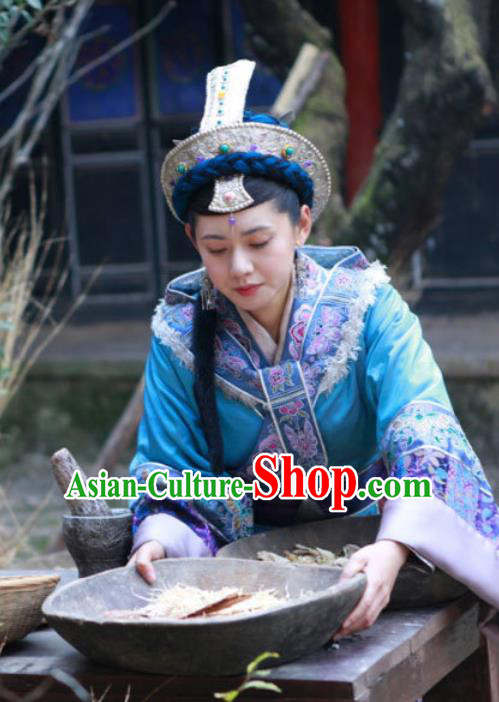 Chinese Ancient Female Chieftain Apparels and Headdress Drama Turbulence of the Mu Clan A Leqiu Blue Costumes Garment