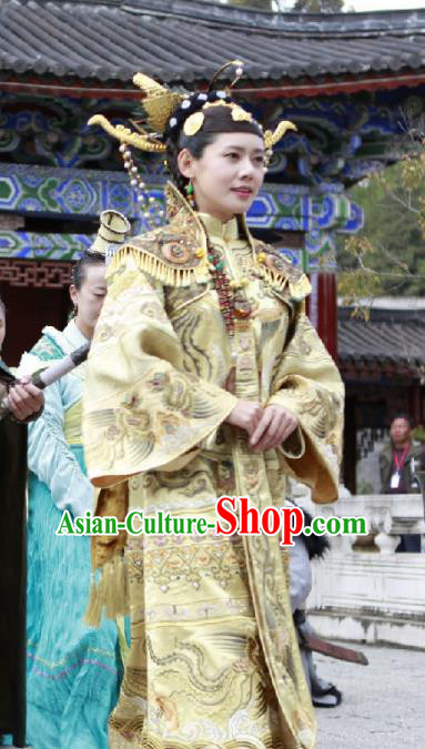 Chinese Ancient Female Castellan Golden Apparels and Headdress Drama Turbulence of the Mu Clan A Leqiu Wedding Costumes Garment