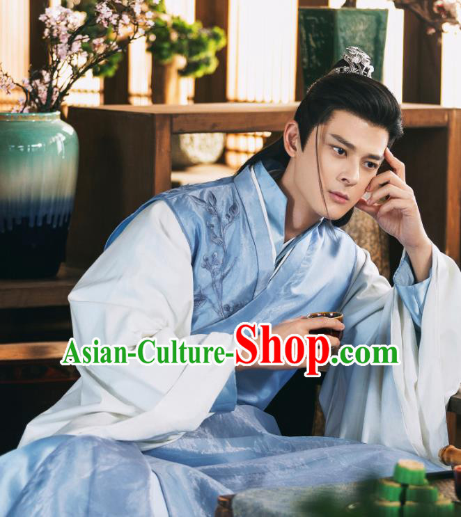 Chinese Ancient Dragon Prince Blue Garment Drama Sansheng Sanshi Pillow Eternal Love of Dream Su Moye Costumes and Hairdo Crown