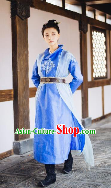 Chinese Wuxia Drama Ancient Swordswoman Blue Garment The King of Blaze Apparels Female Knight Pei Luoqing Beige Costumes and Hair Accessories