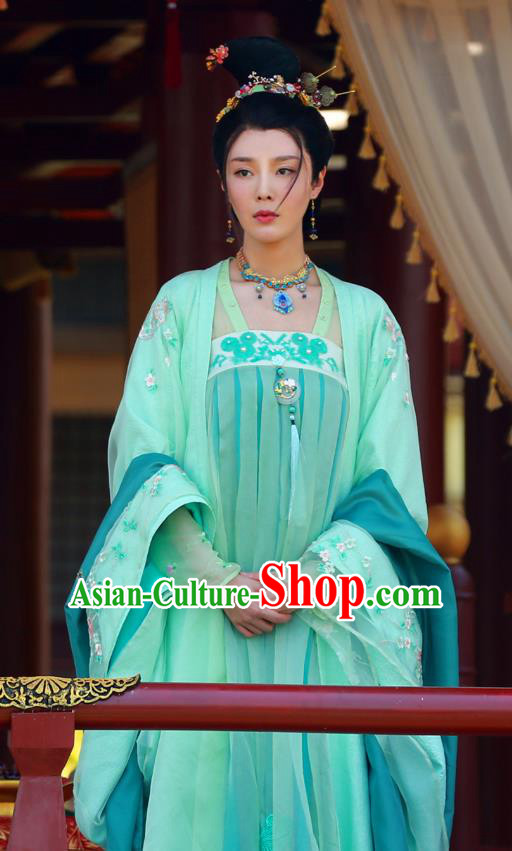 Chinese Wuxia Drama Ancient Princess Apparels Garment and Hair Accessories The King of Blaze Apparels Zhao Ping Green Hanfu Dress Costumes