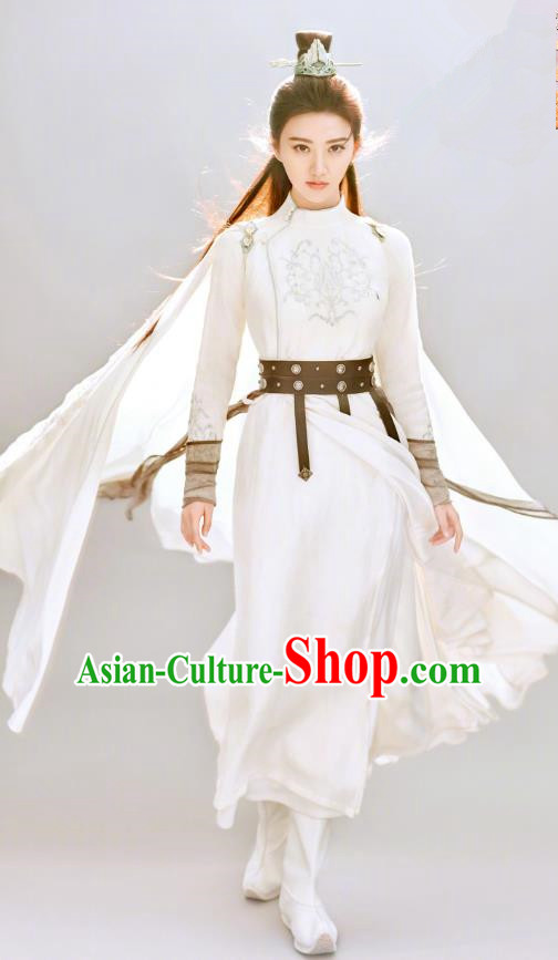 Chinese Ancient Swordswoman Apparels Garment and Hairdo Crown Wuxia Drama The King of Blaze Apparels Qian Mei White Dress Costumes
