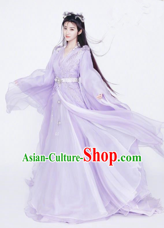 Chinese Ancient Fairy Apparels Garment and Hair Accessories Wuxia Drama The King of Blaze Apparels Qian Mei Purple Dress Costumes