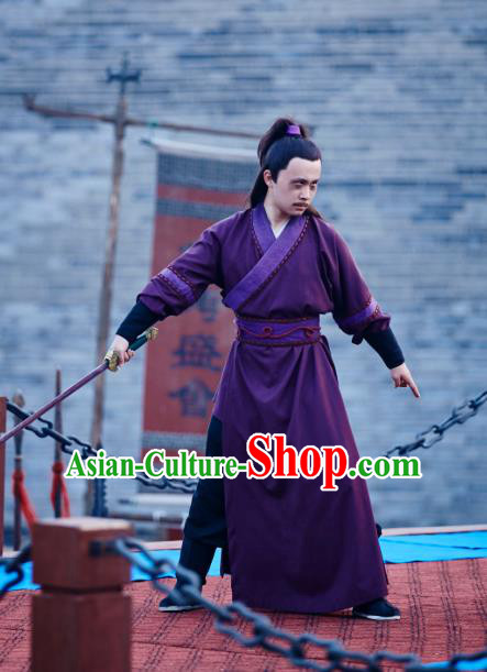 Chinese Ancient Knight Purple Apparels Knight Costumes and Headwear Wuxia Drama Xiya Xia Garment