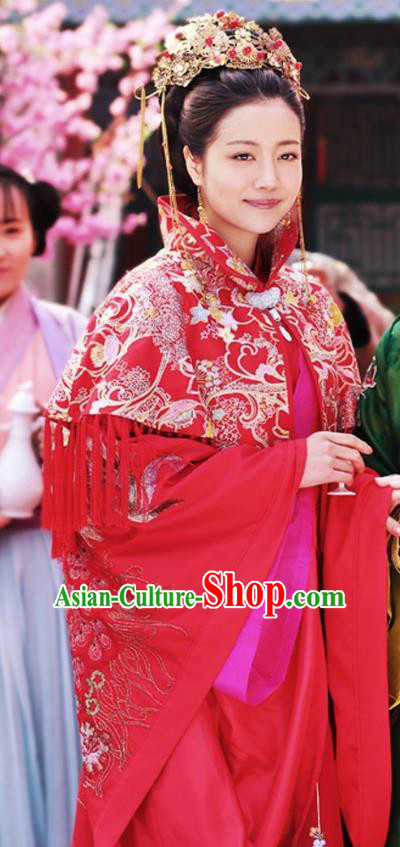 Chinese Ancient Wedding Apparels Costumes and Phoenix Coronet Drama Legend of the Concubinage Bride Qin Zhiruo Red Hanfu Dress Garment