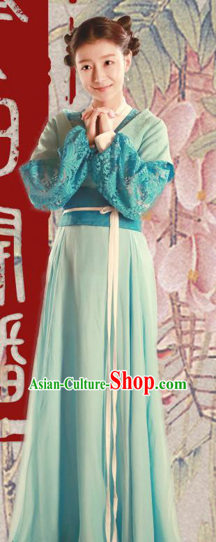 Chinese Ancient Maid Apparels Costumes and Headpiece Drama The Starry Night The Starry Sea Servant Girl Green Hanfu Dress Garment