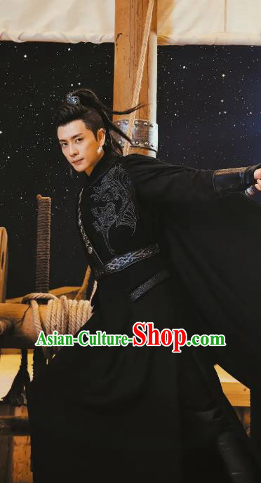 Chinese Ancient Swordsman Black Hanfu Costumes and Headwear Drama The Starry Night The Starry Sea Merman Swordsman Mo Hen Garment Apparels