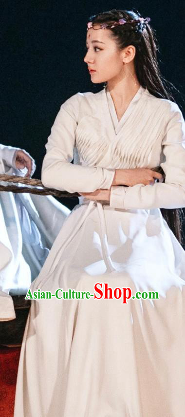 Chinese Ancient Fox Clan Goddess Garment Drama Eternal Love of Dream Princess Bai Fengjiu White Dress and Headwear Complete Set