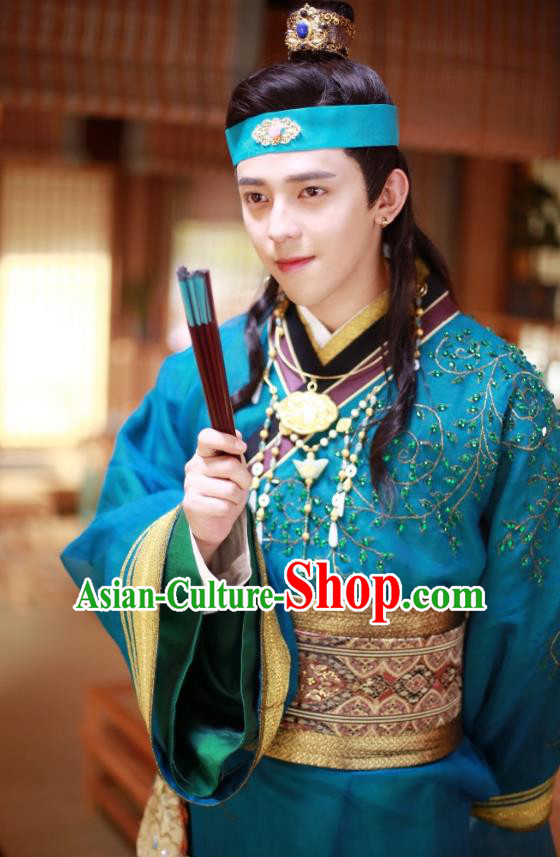 Chinese Ancient Song Dynasty Blue Garment Rich Childe Clothing and Headpieces Drama Kai Feng Qi Tan Merchant Pang Ji Apparels