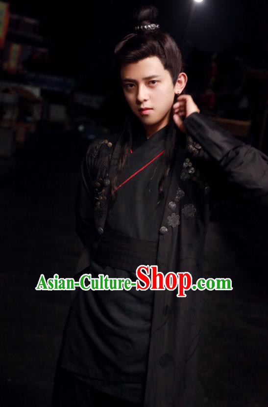 Chinese Ancient Song Dynasty Swordsman Black Garment Clothing and Headpieces Drama Kai Feng Qi Tan Merchant Pang Ji Apparels