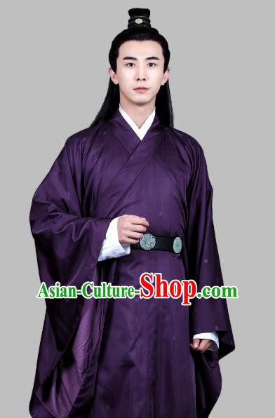 Chinese Ancient Song Dynasty Scholar Purple Robe Costumes and Hair Accessories Drama Kai Feng Qi Tan Bao Zheng Garment Apparels