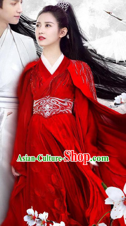 Chinese Ancient Female Swordsman Red Dress Apparels Costumes and Headwear Drama And The Winner Is Love Chong Xuezhi Garment