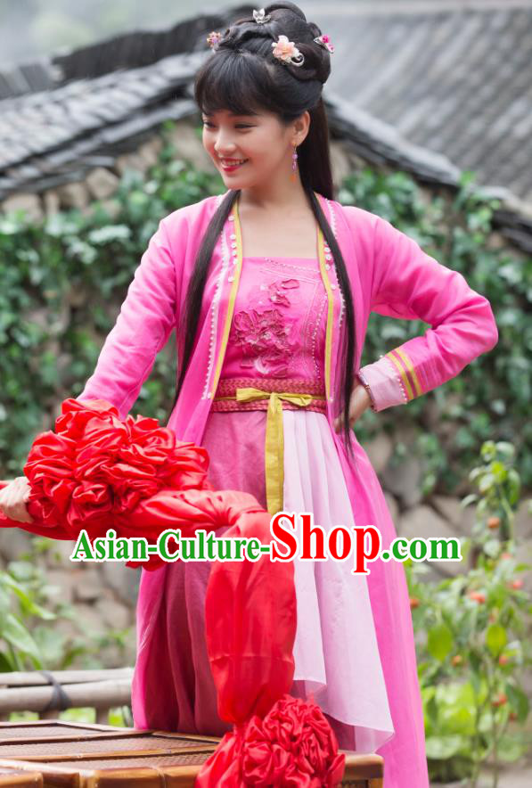 Chinese Ancient Village Girl Rosy Dress Apparels Costumes and Headpieces Drama Earth Smoke Sparkle Kitchen Hua Erqiao Garment