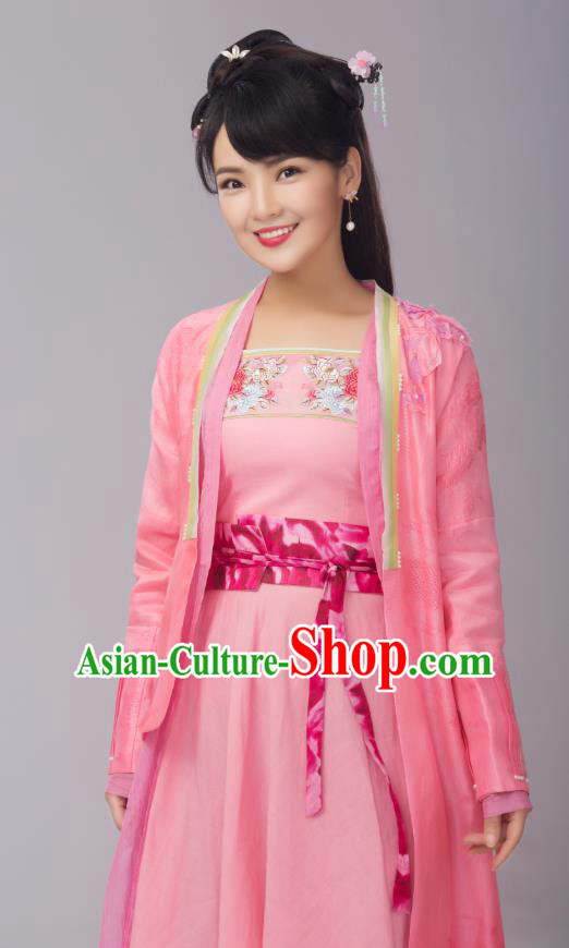 Chinese Ancient Female Cook Pink Dress Costumes and Headpieces Drama Earth Smoke Sparkle Kitchen Village Girl Hua Erqiao Apparels Garment