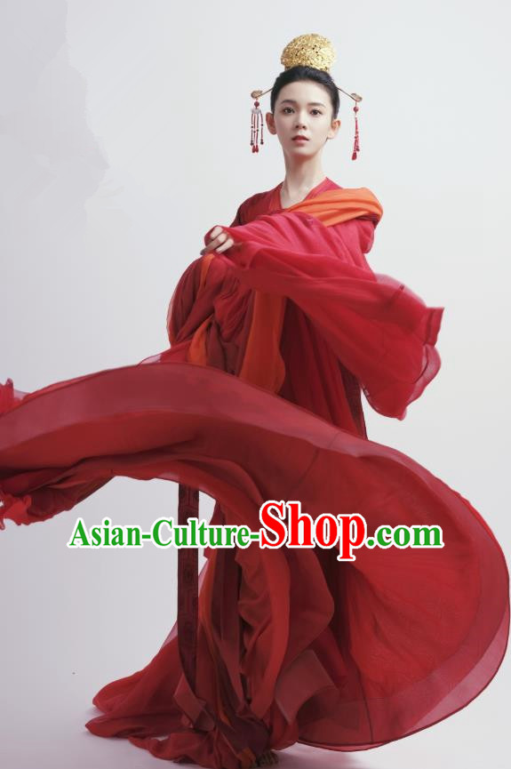 Chinese Ancient Tang Dynasty Red Hanfu Dress Apparels Costumes and Headdress Drama Wu Xin The Monster Killer Noble Lady Liu Qingluan Garment