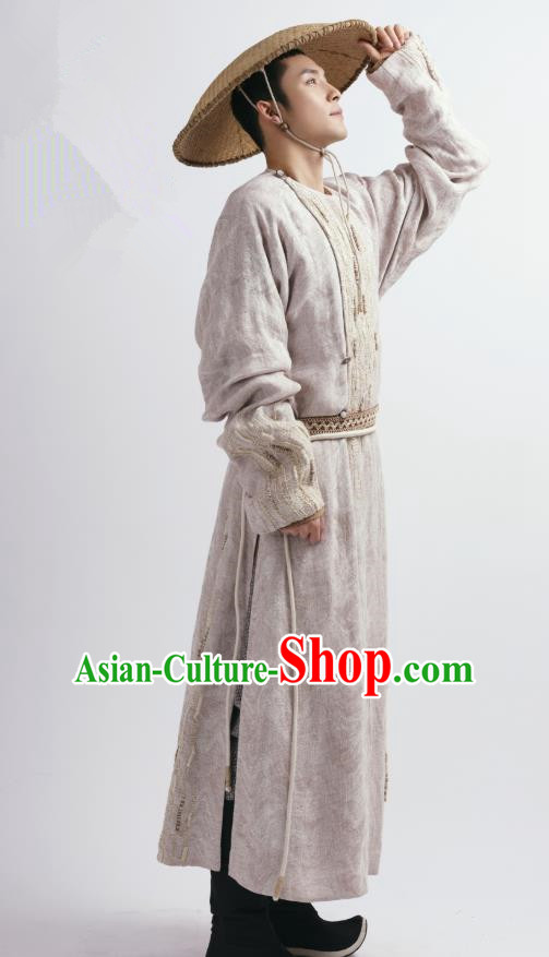 Chinese Ancient Tang Dynasty Swordsman Garment and Bamboo Hat Drama Wu Xin The Monster Killer Apparels Clothing