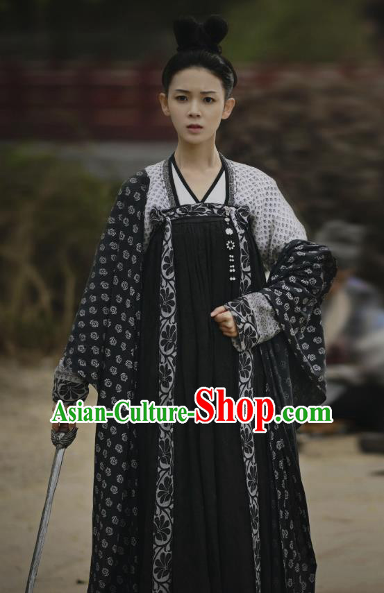 Chinese Ancient Tang Dynasty Black Hanfu Dress Apparels Costumes and Headpieces Drama Wu Xin The Monster Killer Court Maid Liu Qingluan Garment