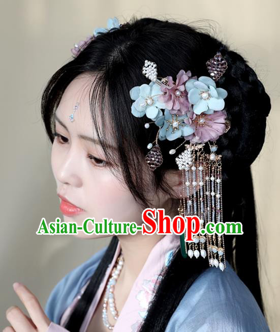 Chinese Ancient Hair Jewelry Accessories Silk Flowers Tassel Hairpins Headwear Headdress for Women