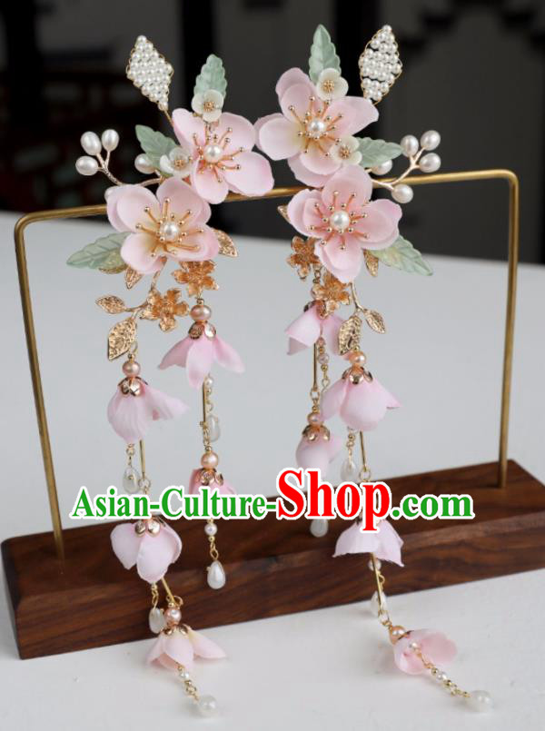 Chinese Ancient Pink Flowers Tassel Hair Claws Jewelry Headwear Hair Accessories Hair Stick for Women