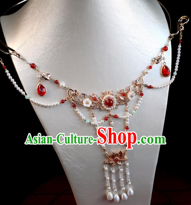 Chinese Ancient Hanfu Beads Tassel Necklace Women Jewelry Ming Dynasty Red Crystal Necklet Accessories