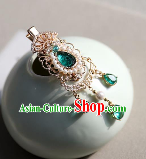 Chinese Ancient Green Crystal Hair Claws Jewelry Headwear Hair Accessories Tassel Pearls Hair Stick for Women