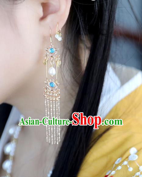 Chinese Ancient Hanfu Blue Crystal Earrings Women Jewelry Ming Dynasty Tassel Ear Accessories