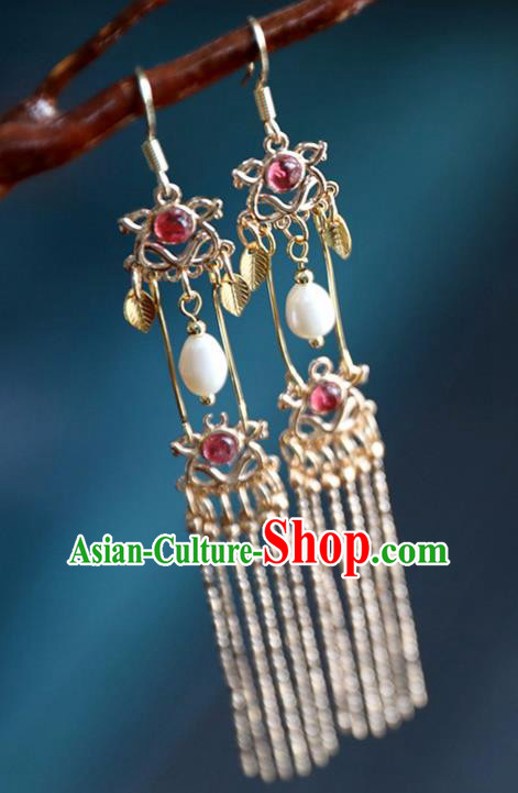 Chinese Ancient Hanfu Garnet Earrings Women Jewelry Ming Dynasty Golden Tassel Ear Accessories