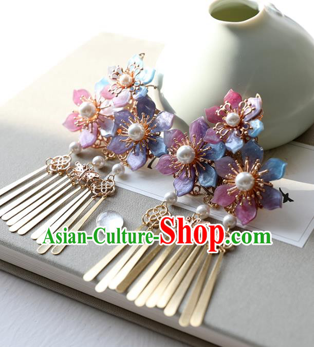 Chinese Ancient Colorful Flowers Hair Claw Jewelry Headwear Hair Accessories Tassel Hair Stick for Women