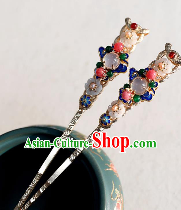 Chinese Ancient Gems Hairpins Jewelry Headwear Hair Accessories Ming Dynasty Women Cloisonne Hair Clips