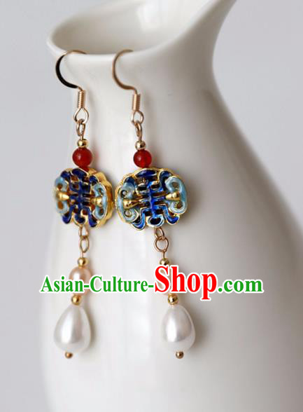 Chinese Ancient Hanfu Cloisonne Earrings Women Jewelry Ming Dynasty Pearls Ear Accessories