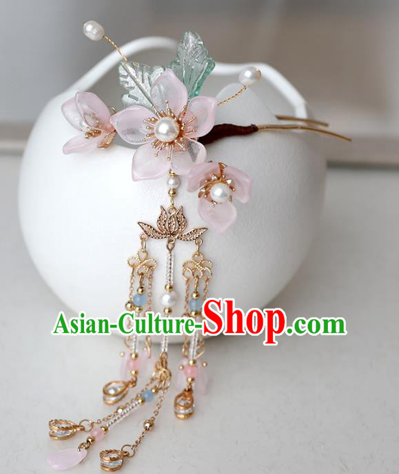 Chinese Ancient Hanfu Pink Peach Flowers Hair Clip Women Headwear Tassel Hairpin Hair Accessories