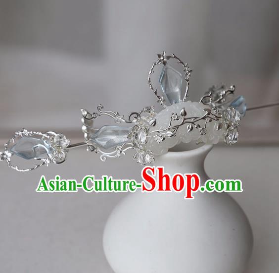 Chinese Ancient Hanfu Blue Crystal Hair Crown Women Headwear Hairpin Jade Hair Accessories
